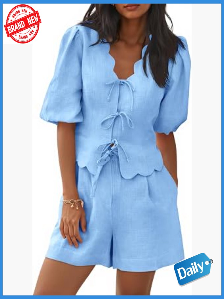 2 Piece Short Set Puff Sleeve V Neck Bow Tie Front Wide Leg Shorts Pajama